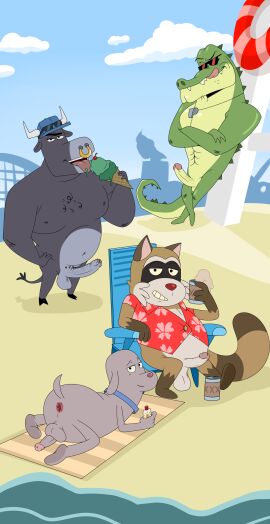 absurd_res alligator alligatorid anthro anus balls beach bottomless bovid bovine bull_(robot_dreams) canid canine canis cattle circumcised clothed clothing crocodilian dessert dog_(robot_dreams) domestic_dog enookie erection eyewear facial_piercing food foreskin genitals hi_res humanoid_genitalia humanoid_penis ice_cream licking licking_lips male mammal nipples nose_piercing nose_ring outside penis piercing procyonid raccoon rascal_(robot_dreams) reptile ring_piercing robot_dreams scalie septum_piercing septum_ring sunglasses tongue uncircumcised