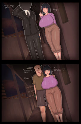 1girls 2boys 2koma 3d ? absurd_res absurdres background_character bald big_breasts black_eyes black_hair boruto:_naruto_next_generations breasts censored_face cheating cheating_wife closed_eyes comic cuckold dialogue english_text fat_male female formal hi_res high_resolution highres hyuuga_hinata male married_female mature mature_female milf multiple_boys multiple_males naruto necktie netorare ntr older_male original outdoors smile text uniform vyrus_smith waving_hand white_eyes