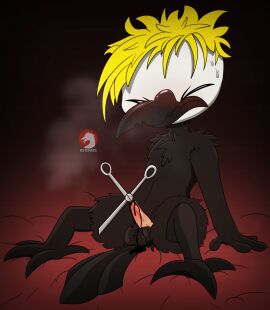 2023 anthro avian beak bird black_blood black_body black_feathers bodily_fluids colored_blood demon erection feathers genitals gore hamuria hi_res male osterars pain penis river_(hamuria) scissors signature sitting solo tapering_penis unusual_blood unusual_bodily_fluids urethral watermark