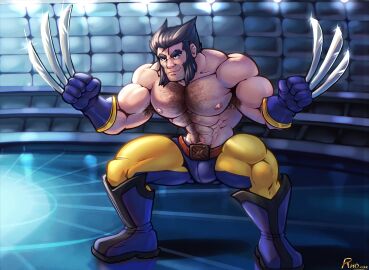 abs armpit_hair bara beard bulge claws clothing flaccid logan_(x-men) male male_nipples male_only marvel marvel_comics muscular muscular_male nipples pecs penis rho_art solo solo_male tight_clothing wolverine_(x-men) x-men yaoi