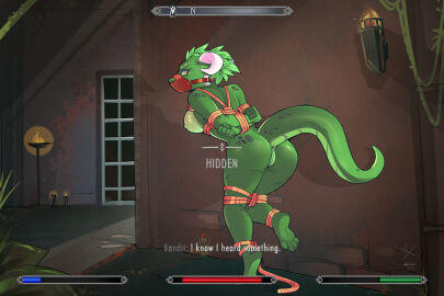 anthro argonian bondage daree-ja_(zinnick) dungeon female gameplay_mechanics green_hair green_scales green_skin grey_body prison prisoner rope rope_bondage rope_harness scalie skyrim slave slave_girl soles tail the_elder_scrolls toes trying_to_escape zinnick zinnikitty