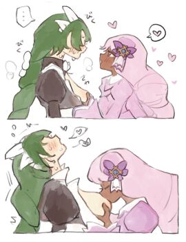 ... 2girls apron black_romper blush bow braid braided_ponytail breast_lift breast_sucking breasts breasts_out breath chamopichamo chocolate_and_vanilla closed_eyes clothed dark-skinned_female dark_skin dress fascinator female female_only grabbing_another's_breast green-haired_female green_hair groping hairbow harujio_(pokemon) hat heart hearts hearts_around_head highres interracial interracial_yuri jacinthe_(pokemon) juliet_sleeves lebanne_(pokemon) light-skinned_female light_skin long-haired_female long_braid long_hair long_sleeves low_drills maid maid_apron maid_headdress maid_uniform master_and_servant mistress_and_servant multiple_girls nintendo no_gloves open_mouth pokemon pokemon_legends:_z-a puffy_sleeves purple_dress purple_eyes purple_hair romper single_braid spoken_ellipsis spoken_heart sweat u_u very_dark_skin very_long_hair yukari_(pokemon) yuri