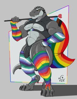 2024 4_toes 5_fingers abs absurd_res anthro biceps big_bulge biped bulge capitankoki claws clothing cocky detailed_bulge digitigrade dinosaur extinct feet fingers flag flag_(object) gay_pride_colors genital_outline hi_res holding_object jockstrap koki lgbt_pride lgbt_pride_colors male male_only muscular muscular_anthro muscular_male nipples pecs penis penis_outline prehistoric_species pride_color_flag pride_colors progress_pride_colors rainbow_pride_colors reptile scalie scar sharp_teeth simple_background six-stripe_rainbow_pride_colors sole_male solo solo_male spikes spikes_(anatomy) tail teeth theropod toes tyrannosaurid tyrannosauroid tyrannosaurus tyrannosaurus_rex underwear vincian_pride_colors