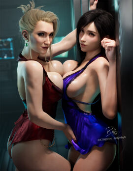 2girls 3d against_wall ass assertive_female backless_dress backless_outfit billyhhyb black_hair blonde_hair bottomless breast_press breast_to_breast breasts clothes_lift dress dress_lift female final_fantasy final_fantasy_vii final_fantasy_vii_remake highres implied_fingering kabedon lace-trimmed_dress lace_trim large_breasts looking_at_viewer mature_female multiple_females multiple_girls no_bra no_panties official_alternate_costume purple_dress red_dress scarlet_(ffvii) sleeveless sleeveless_dress symmetrical_docking tifa_lockhart tifa_lockhart_(refined_dress) yuri