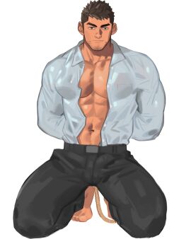 1boy bara bare_pectorals gay gay_male large_pectorals male male_focus male_only muscular muscular_male original original_character pectorals short_hair suit thick_eyebrows tied_up yaoi youchi123