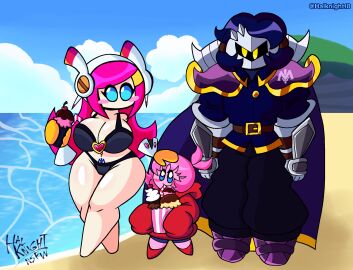 1girls 2boys :3 alternative_universe beach bikini family female halknight ice_cream kirby kirby_(series) male meta_knight muscular muscular_male pubic_tattoo son susanna_patrya_haltmann susie_(kirby) tattoo voluptuous_female wife_and_husband
