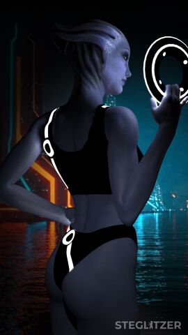 1girls 3d artist_name back_view black_panties blue-skinned_female blue_skin female liara_t'soni mass_effect panties solo sports_bra steglitzer