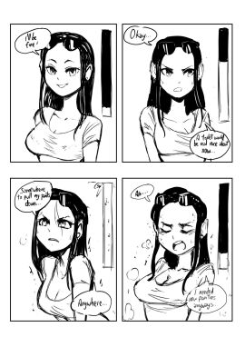 1girls 4koma biku black_hair breasts cleavage desperation didn't_make_it_in_time elena_(biku) english_text female have_to_pee implied_peeing implied_wetting long_hair looking_at_viewer original shirt solo solo_female solo_focus speech_bubble sunglasses sunglasses_on_head sweat urine_meter white_shirt