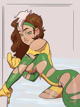 1girls breasts brown_hair female looking_at_viewer marvel marvel_comics mutant_(marvel) pubes rogue_(x-men) solo torn_clothes wheatlie x-men