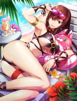 armpits artist_request ass bikini breasts brown_hair chair cleavage cocktail_glass cup day drinking_glass earrings erza_scarlet fairy_tail female flower glass gold highres jewelry large_breasts lips long_hair nail_polish nails o-ring plant red-haired_female red_eyes red_hair sand smile source_request sunglasses_on_head sunlight swimsuit table underboob water