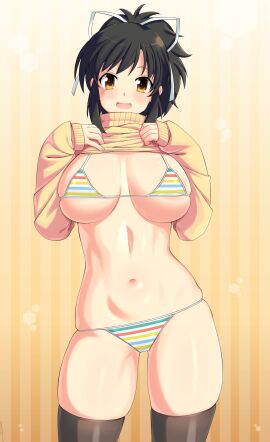 asuka_(senran_kagura) bra brown_eyes brown_hair clothes_lift hair_ribbon lindaroze marvelous medium_hair panties senran_kagura sweater sweater_lift tagme