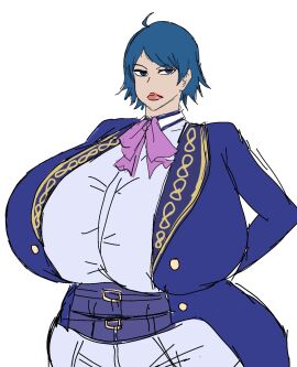 1girls 2d 2d_(artwork) alternate_body_type alternate_breast_size big_breasts big_lips blue_eyes blue_hair bow bowtie breasts breasts_bigger_than_head busty busty_female chubby clothed curvy curvy_body curvy_female curvy_figure digital_drawing_(artwork) digital_media_(artwork) elisabeth_blanctorche female female_focus female_only giant_breasts hands_behind_back huge_breasts king_of_fighters large_breasts light-skinned_female light_skin mature mature_woman momiji_(artist) pale-skinned_female pale_skin short_hair simple_background snk solo solo_female solo_focus tie upper_body voluptuous voluptuous_female white_background