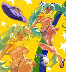 2d anklet artist_request athletic athletic_female bare_midriff big_breasts bikini bikini_bottom bracelet brazil brazilian brazilian_female brazilian_miku breasts busty crop_top cyan_eyes cyan_hair denim_shorts earrings female female_focus female_only flip_flops flower_in_hair flying_object football football_ball hatsune_miku hourglass_figure jean_shorts large_breasts long_hair nail_polish necklace sandals short_shorts shorts skimpy skimpy_clothes soccer soccer_ball sunglasses_on_head t-shirt tagme tan tan_body tan_skin tanline thong thong_bikini toenail_polish turquoise_eyes turquoise_hair twintails underboob vocaloid waist_chain wardrobe_malfunction wide_hips