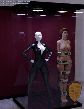 1girls 3d black_widow_(marvel) bodysuit bondage bound bound_arms bound_legs completely_nude female female_only human human_only light-skinned_female light_skin mannequin marvel marvel_comics natasha_romanoff nude nude_female restrained scarlett_johansson solo stationary_restraints thejpeger trance trophy_case