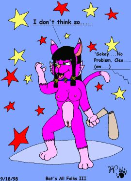 1990s 1998 anthro baseball_bat bat_(object) black_hair breasts choker cleo_cattrah dialogue dipstick_tail domestic_cat english_text felid feline felis female fur genitals gif gloves_(marking) green_eyes hair jewelry kthanid_(artist) leg_markings mammal markings necklace nipples nude open_mouth pink_nose purple_body purple_fur pussy rutwell_forest socks_(marking) solo static_gif tail tail_markings text
