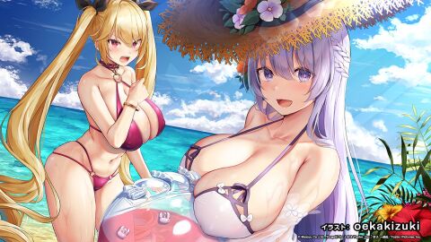 2girls :d ass azur_lane ball_(object) bare_shoulders beach beachball big_ass big_breasts bikini black_ribbon blonde_hair blue_sky blush bracelet braid breasts cleavage cloud collarbone day female flower game hair_ribbon halterneck hat hat_flower huge_breasts jewelry large_breasts long_hair looking_at_viewer multiple_females multiple_girls navel nelson_(azur_lane) o_ring o_ring_bikini ocean official_alternate_costume official_art open_mouth outdoors purple_bikini purple_eyes purple_hair red_eyes ribbon rodney_(azur_lane) see-through sky smile straw_hat sun_hat swimsuit swimwear twintails very_long_hair water wet white_bikini