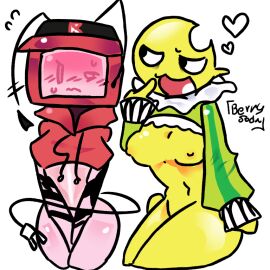 2girls artist_name berrysoda bottomless breasts charlatan_(forsaken) female forsaken_(roblox) heart_symbol nipples partially_clothed roblox roblox_game robloxian self_upload tagme tee_vee_(race) thighs veeronica