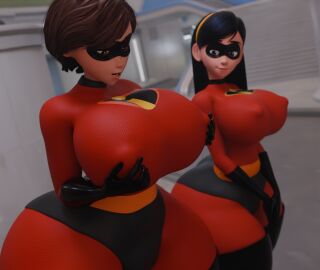 big_breasts breasts covered_nipples elastigirl helen_parr huge_breasts red_clothing standing suit superhero the_incredibles thick_thighs violet_parr wide_hips
