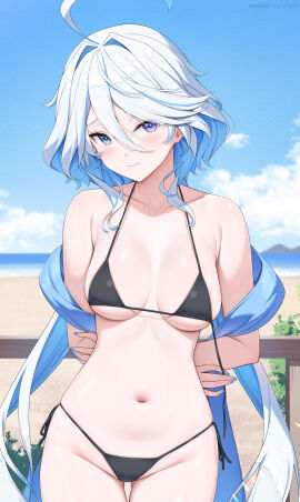 1girls 2024 2d 2d_(artwork) alternate_breast_size alternate_costume arms_behind_back beach belly_button bikini bikini_bottom bikini_top black_bikini black_bikini_bottom black_bikini_top black_swimsuit black_thong blue_eyes blue_hair blue_nails breasts clouds day female female_focus female_only front_view furina_(genshin_impact) genshin_impact high_resolution highres hoyoverse light-skinned_female light_skin long_hair looking_at_viewer medium_breasts mihoyo navel ocean outdoors revealing_swimsuit rosumerii sand sky slim_female solo solo_female solo_focus standing summer swimsuit thong thong_bikini two-tone_hair two_piece_swimsuit white_hair young younger_female