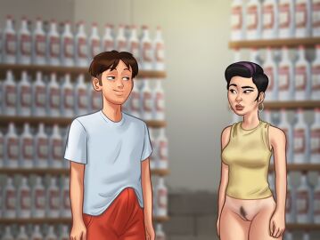 1boy 1girls 2d black_hair bottomless brown_hair bulge bulge_through_clothing clothed clothing darkcookie digital_drawing_(artwork) digital_media_(artwork) erect_penis erection female half-dressed half_naked horny horny_male khadne_(summertime_saga) light-skinned_female light_skin looking_at_partner main_character_(summertime_saga) male male/female penis pubic_hair pussy pussy_lips russian russian_female smile smiling standing summertime_saga tank_top two-tone_hair vagina