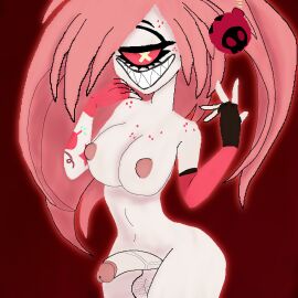 alternate_version_at_source big_breasts bomb breasts cherri_bomb cherri_bomb_(hazbin_hotel) fingerless_gloves futa_only futanari futanari_connoisseur_(artist) grinning hazbin_hotel intersex pixel_art solo tattoos