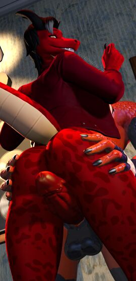 2_horns 5_fingers absurd_res anthro ass atomicsopp_sfm balls black_nails black_nipples butt_grab clothed clothing colored_nails dragon duo female fingers genitals hair hand_on_butt happy hi_res horn jacket light lighting looking_back looking_down male male/female multicolored_body mythological_creature mythological_scalie mythology nails nipples nude_male partially_clothed penis red_body red_clothing red_jacket red_topwear reptile sami_demarco scales scalie sex smile snake snake_(petruz) tail thigh_sex topwear