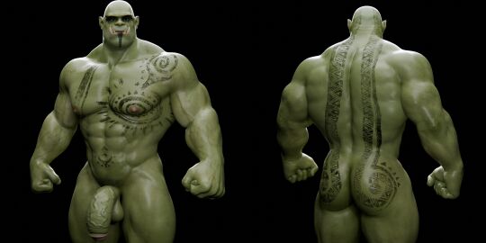 3d abs absurd_res balls digital_media_(artwork) duo fangs genitals green_body green_skin hi_res humanoid humanoid_pointy_ears male markings muscular muscular_humanoid muscular_male nipples orc orc_male pecs penis teeth vein veiny_penis voluox