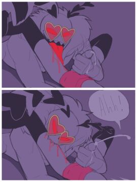 2boys abuse abused_male abusive abusive_relationship angel_dust_(hazbin_hotel) antennae_(anatomy) anthro arachnid arthropod balls bed bite biting_leg black_sclera bodily_fluids boots bottomwear clothing colored_saliva comic crop_top cum cum_from_handjob cum_on_bed cum_on_hand cumshot demon demon_humanoid dialogue duo ejaculation english_text erection eyewear femboy footwear furniture genital_fluids genitals girly glasses handjob hazbin_hotel heart_glasses hotpants humanoid insects lepidopteran licking lying male male/male male_only moan monochrome mostly_nude moth on_back on_bed on_front orgasm penile penis profanity purple_theme red_eyes red_eyewear red_glasses red_saliva saliva sex sharp_teeth shirt shorts slim slim_male spider spot_color sunglasses teeth text the_dishlicker tongue topwear toxic_yaoi unusual_bodily_fluids unusual_saliva valentino_(hazbin_hotel) wounded yaoi