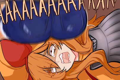 2girls armor ass breastplate centurii-chan facesitting female gyaru_landsknecht_(centurii-chan) hat highres landsknecht_(centurii-chan) long_hair multiple_females multiple_girls open_mouth orange_hair original sitting sitting_on_head sitting_on_person tears