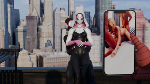 1girls cheating cheating_girlfriend dark-skinned_male dark_skin female gangbang gwen_stacy light-skinned_female light-skinned_male light_skin male marvel marvel_comics mask masked masked_female miles_morales multiple_boys multiple_males peter_parker phone shaved_side sokein spider-gwen spider-man