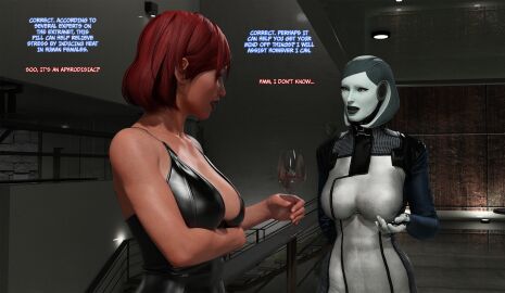 2girls 3d aphrodisiac ass big_ass big_breasts big_butt bodysuit breasts commander_shepard dress drugs edi elmeistro female female_focus female_only femdom femshep fit fit_female green_eyes high_heels mass_effect mass_effect_3 red_hair thighs tight_clothes tight_clothing