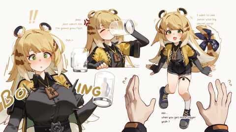 1girls anger_vein big_breasts blonde_hair blush breast_expansion breast_growth breast_growth_(enlargement) breasts dialogue drinking_milk english_text eyebrows_visible_through_hair female female_focus green_eyes ju_fufu ju_fufu_(zenless_zone_zero) krabba_fisk milk open_mouth shorter_female surprised tiger_ears tiger_girl wise_(zenless_zone_zero) zenless_zone_zero