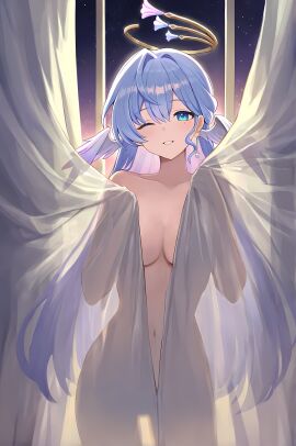 1girls ;) angel_wings blue_eyes curtains eye_contact female halo honkai:_star_rail long_hair looking_at_viewer marking_below_eyes mihoyo nude nude_female purple_hair robin_(honkai:_star_rail) solo teasing wink