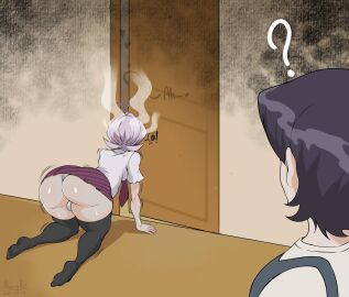 1boy 1girls alviriaart ass big_ass big_butt female femboy implied_sex komi-san_wa_komyushou_desu komi_can't_communicate komi_shuuko lavender_hair leggings male on_knees osana_najimi panties peeping republic_of_komi_(russia) school_uniform sissy skirt spying tadano_hitohito