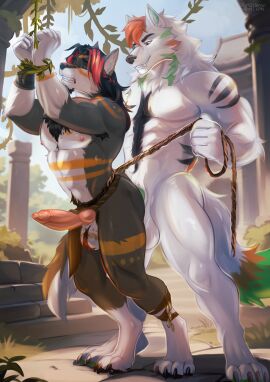 2025 anal anal_sex animal_genitalia animal_penis anthro anthro_on_anthro anthro_penetrated anthro_penetrating anthro_penetrating_anthro aroh_moonheart balls bodypaint bottomwear bottomwear_aside canid canine canine_genitalia canine_penis canis clenched_teeth closed_eyes clothing clothing_aside duo erection fangs from_behind_position genitals hi_res knot loincloth loincloth_aside male male/male male_penetrated male_penetrating male_penetrating_male mammal muscular muscular_male nipples penetration penile penile_penetration penis penis_in_ass questionable_consent restrained sex smile standing standing_sex stupidbaton teeth tribal wolf