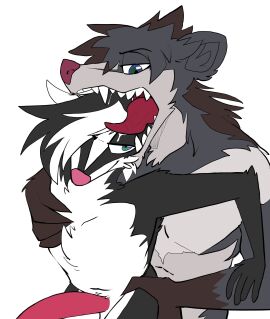 absurd_res anthro bite bodily_fluids duo genitals head_in_mouth hi_res jeremy_(topazknight) june_(topazknight) male male/male mammal mephitid muscular muscular_male penis saliva sharp_teeth size_difference skunk teeth tongue topazknight