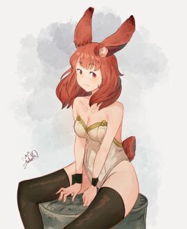 1girls alternate_costume animal_ear_fluff animal_ears artist_name bare_shoulders between_legs black_thighhighs blush breasts celica_(fire_emblem) cleavage closed_mouth collarbone expressionless female female_only fire_emblem fire_emblem_echoes:_shadows_of_valentia grey_background hand_between_legs highres leotard light_blush looking_afar looking_to_the_side medium_breasts medium_hair nintendo playboy_bunny rabbit_ears rabbit_girl rabbit_tail red_eyes red_hair short_tail sidelocks signature simple_background sitting solo spindle_(aidenr0) split_mouth strapless strapless_leotard tail thighhighs white_leotard wrist_cuffs