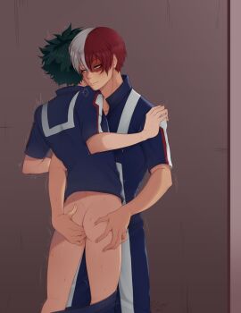 1boy 2boys anal anal_fingering artist_name ass ass_grab bangs blue_eyes blue_pants blush border bottomless burn_scar clothes_pull clothing curly_hair female finger_in_ass fingering frizzy_hair gomicake green_hair groping hand_on_another's_shoulder heterochromia high_resolution izuku_midoriya jacket male male_focus midoriya_izuku multicolored_hair multiple_boys multiple_males my_hero_academia pants pants_pull penis posterior_cleavage red_hair scar scar_on_face sex shirt short_hair short_sleeves shouto_todoroki signature split-color_hair standing sweat taken_from_behind teenage_male teenager tododeku todoroki_shouto trembling two-tone_hair very_high_resolution white_hair yaoi