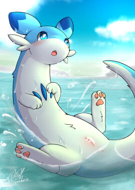 anus bar_censor blue_body blue_eyes blush censor_bar censored chillet feith-zr female feral feral_only genitals hi_res nude outside pal_(species) palworld pussy solo water white_body