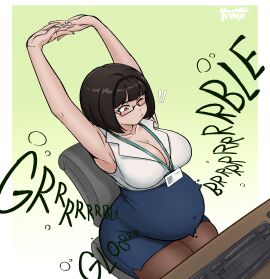 1girls big_belly big_breasts bloated_belly blush breasts cleavage clothed clothing female female_only glasses navel oc office_lady outie_navel pregnant red_eyes rumbling_stomach short_hair stretching tsukiji