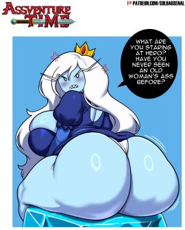 1girls adventure_time adventure_time:_fionna_&_cake angry ass ass_focus back_view big_ass big_breasts big_thighs blue_body blue_skin blush breasts cartoon_network coldarsenal dialogue female female_focus female_only gigantic_ass gigantic_breasts gigantic_thighs huge_ass huge_breasts huge_thighs ice_queen_(adventure_time) long_hair looking_at_viewer queen rule_63 sharp_teeth solo tagme talking talking_to_viewer text thick_hips thick_thighs thighs white_eyes white_hair wide_hips