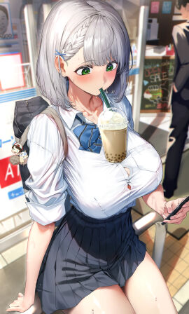 absurdres alternate_costume bag black_skirt blue_bow blue_bowtie blush bow bowtie braid breasts bubble_tea bubble_tea_challenge buttons cellphone collared_shirt commentary_request cup drinking_straw female from_above green_eyes hair_behind_ear hair_ornament hairclip highres holding holding_phone hololive hololive_fantasy hololive_gen_2 hololive_japan large_breasts looking_down medium_hair oozora_subaru outdoors phone pleated_skirt raag_jp school_uniform shirogane_noel shirt shirt_tucked_in shoulder_bag sitting skirt sleeves_rolled_up smartphone solo_focus sparkling_sweat striped_bow striped_bowtie striped_clothes sweat thighs virtual_youtuber white_hair white_shirt