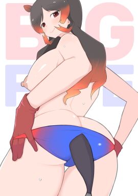 absurdres animal_ears ass back black_hair blue_panties blush brown_gloves closed_mouth clothing_cutout cowboy_shot female gloves gradient_hair highres hippopotamus_(kemono_friends) hippopotamus_ears illu_(illu_stratos) kemono_friends long_hair looking_at_viewer multicolored_hair nipples ollie_(ollie_stratos) orange_eyes orange_hair panties smile solo tail tail_through_clothes topless_female underwear white_background