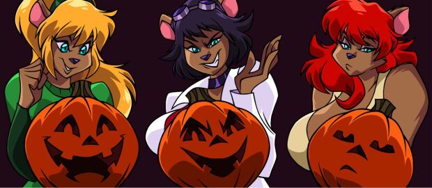 abigail_ursinare anya_uribe bear black_hair blonde_hair bored delilah_ursinare devious evil female halloween happy jack_o'_lantern joy_ursinare luhyzi meh pumpkin pumpkins red_hair sisters smile spooky stoic ursine