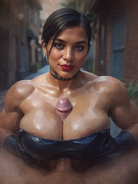 1ambiguous 1girls ai_assisted ai_generated alley ambiguous_gender ambiguous_race areolae asymmetrical_hair bandeau black_hair brown_eye choker earrings eyeshadow faceless_ambiguous female/ambiguous female_on_top gloves grey_eye grey_eyeshadow happy heterochromia large_breasts large_penis leather leather_bikini leather_gloves light-skinned_penis lipstick long_gloves muscular muscular_female native_american_female noirette oc oiled oiled_body oiled_skin original_character paizuri penis pierced_ears pov precum red_lipstick short_hair straight_hair tan-skinned_female titfuck titjob