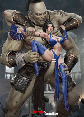 4_arms abs alternative_version_available arm_grab armor armored_gloves armpits athletic athletic_female barbs bare_shoulders belly_button belt big_breasts big_penis black_hair blue_clothing bracelet breasts bulge censored censored_penis cleavage earrings edenian evil_smile eyebrows fan female female_pubic_hair giant giant_male goatwillow goro halterneck kitana kitana_(mk9) leg_grab light-skinned_female light_skin lipstick liu_meixing_(artist) long_hair long_penis looking_at_partner looking_at_penis makeup male mortal_kombat mortal_kombat_(2011) mortal_kombat_x multi_arm multi_limb muscular muscular_male naughty_face neck_grab open open_legs open_mouth orgasm orgasm_face pelvic_curtain penetration penis penis_out princess red_eyes royalty sex shokan skimpy skimpy_clothes stain tagme teeth thick_penis thick_thighs tiara tongue tongue_out twintails unmasked