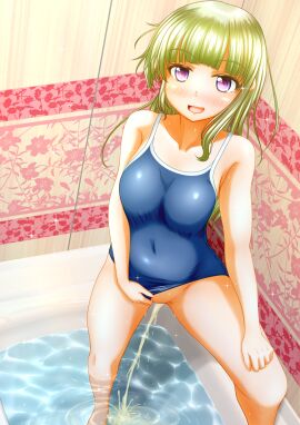 bath bathtub blonde-haired_female blonde_hair female omorashi one-piece_swimsuit original original_character peeing peeing_in_bath pullpull15 swimsuit swimwear urinating urinating_female urination urine urine_stream wetting wetting_self