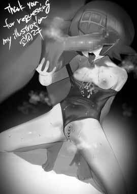 1boy absurdres breasts breasts_out cala_t_maki_72 censored cum cum_on_body english_text female heart heart_censor highres huge_cock lana_(pokemon) male one-piece_swimsuit open_mouth penis penis_on_face pokemon pokemon_sm pussy school_swimsuit short_hair spread_legs sweat swimsuit teeth tongue tongue_out upper_teeth