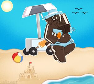 anthro ball_(object) beach beach_ball belly blue_clothing bottomwear breasts brown_body brown_nipples clothing creamsicle dessert dragon exposed_breasts female flag flag_(object) food food_creature hat headgear headwear hi_res ice_cream ice_cream_creature ice_cream_sandwich ice_cream_stand inflatable munchy_(zoyeensadart) mythological_creature mythological_scalie mythology nipples popsicle sand sand_castle scalie sculpture shocked slightly_chubby solo sun swimwear topwear torn_bottomwear torn_clothing torn_topwear umbrella water zoyeensadart