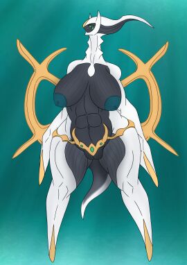 2025 abs abstract_background absurd_res anthro arceus big_breasts black_body breasts creatures_(company) creatures_inc. female game_freak gen_4_pokemon generation_4_pokemon genitals gold_(metal) green_sclera hi_res legendary_pokemon muscular muscular_female mythical_pokemon nintendo nipples pokemon pokemon_(species) pokemon_dppt pussy red_eyes solo thick_thighs vulva watchmann white_body